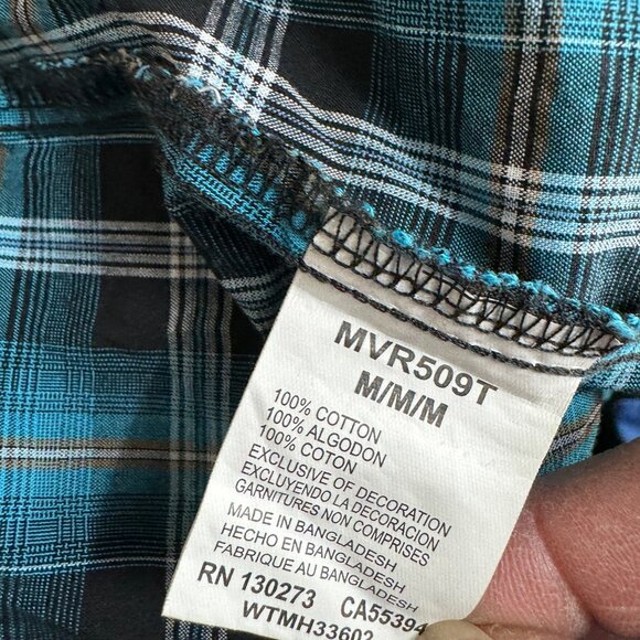 Wrangler Men's Retro Shirt Western Sawtooth Pockets Pearl Snap Medium Blue Plaid - Picture 5 of 8